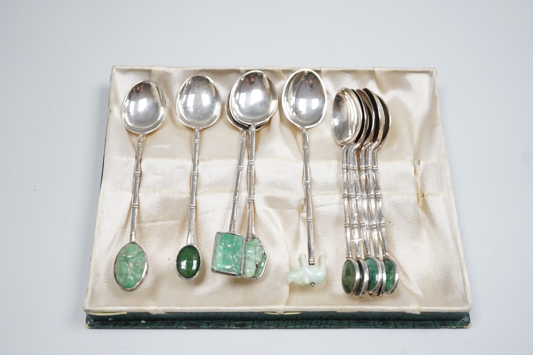 A late 19th/early 20th century Chinese Export sterling condiment by Tack Hing, Hong Kong and two sets of six Chinese white metal and jade? set coffee spoons, by Wai Kee, 83mm